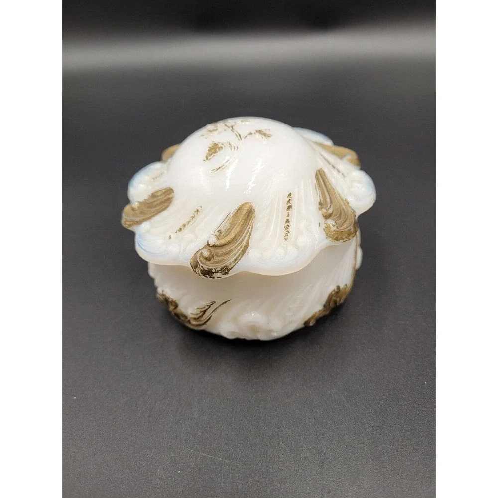 ATQ Milk Glass Vanity Tray Powder Trinket Box Victorian #513 Gold Tone Trim